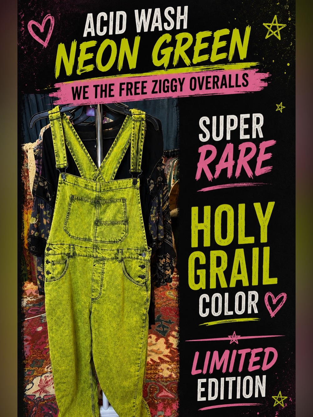 🔥Super Rare Holy Grail Color 🔥 Acid Wash Neon Green We the Free Ziggy Overalls L